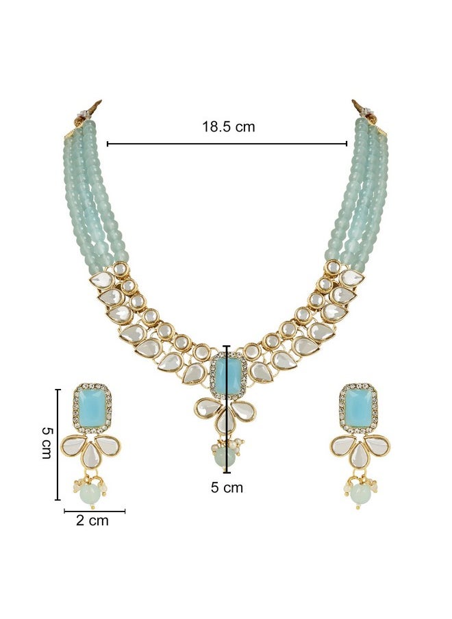 I Jewels I Jewels 18K Gold Plated Traditional White Kundan Studded Multi Layered Pearl Necklace Jewellery Set with Dangle Earrings for Women And Girls (IJ354) (Turquoise)  - Image 5