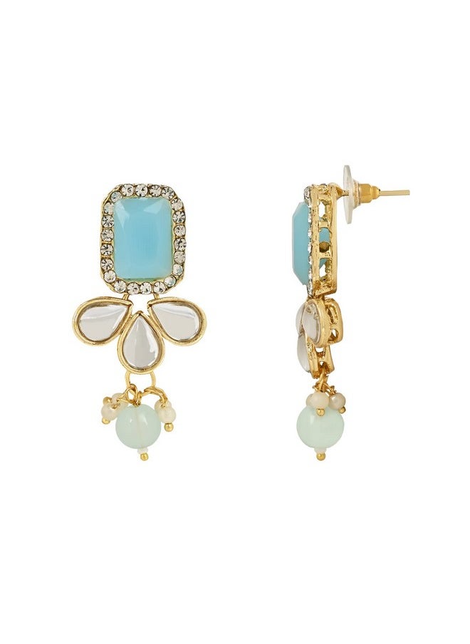 I Jewels I Jewels 18K Gold Plated Traditional White Kundan Studded Multi Layered Pearl Necklace Jewellery Set with Dangle Earrings for Women And Girls (IJ354) (Turquoise)  - Image 4