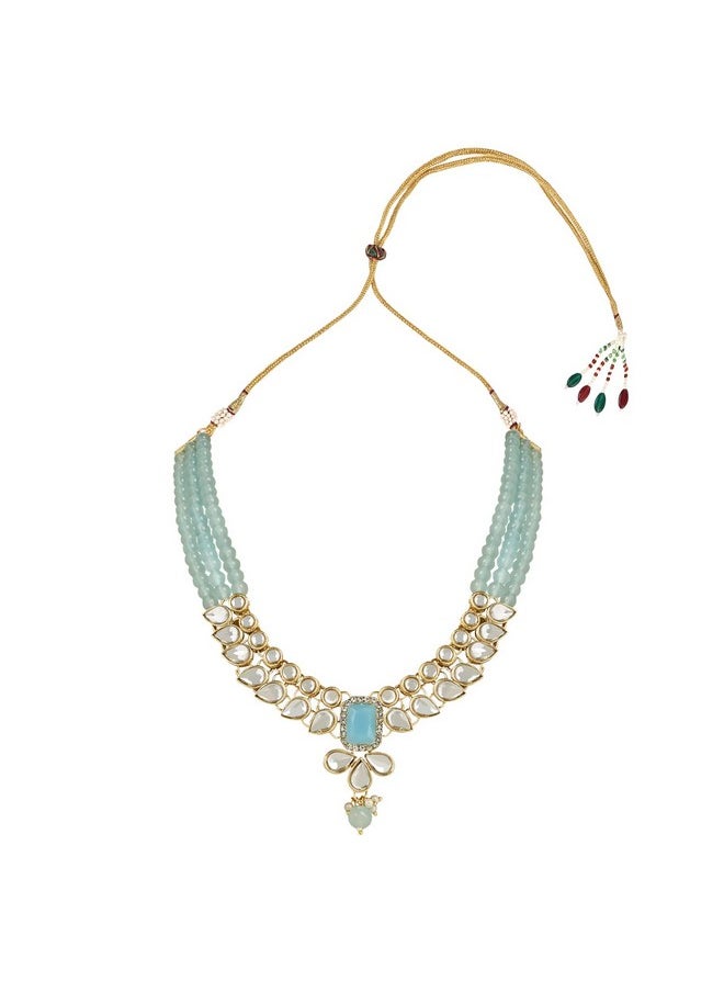 I Jewels I Jewels 18K Gold Plated Traditional White Kundan Studded Multi Layered Pearl Necklace Jewellery Set with Dangle Earrings for Women And Girls (IJ354) (Turquoise)  - Image 2