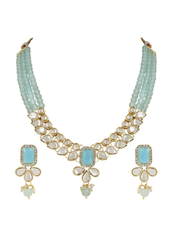 I Jewels I Jewels 18K Gold Plated Traditional White Kundan Studded Multi Layered Pearl Necklace Jewellery Set with Dangle Earrings for Women And Girls (IJ354) (Turquoise)  - Image 1