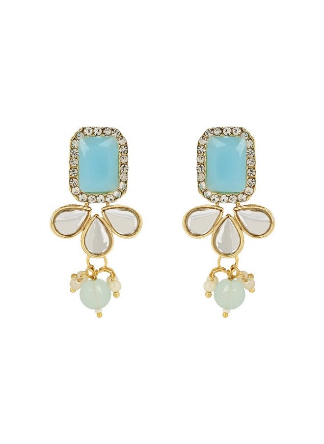 I Jewels I Jewels 18K Gold Plated Traditional White Kundan Studded Multi Layered Pearl Necklace Jewellery Set with Dangle Earrings for Women And Girls (IJ354) (Turquoise)  - Image 3