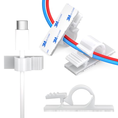 XHF 100pcs Adhesive Cable Wire Clips white, Outdoor Cable Management Wire Organizer Cord Holder for Under Desk, Car, Wall, TV PC Ethernet Cable - Image 1