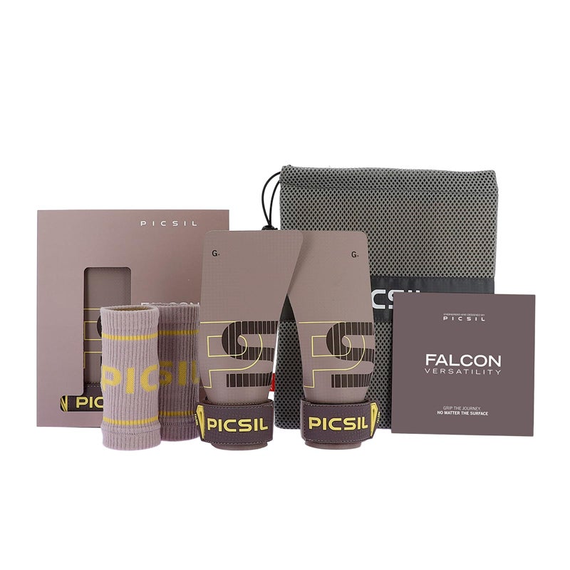 PICSIL Falcon Grips + Wrist Pads + Bag, Carbon Fibre Material, Use with Magnesium, Grip on All Surfaces and Bar Types, Designed for All Athletes, Taupe G - Image 1