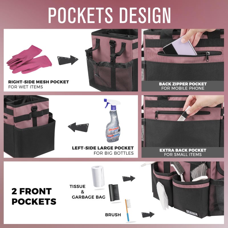 SCAVATA Compact Wearable Cleaning Caddy, Small Cleaning Caddy Supplies Organizer with Handle & Shoulder Straps for Housekeepers, Under Sink & Car Cleaning Tool Organizers Bag (LotusPink) - Image 2