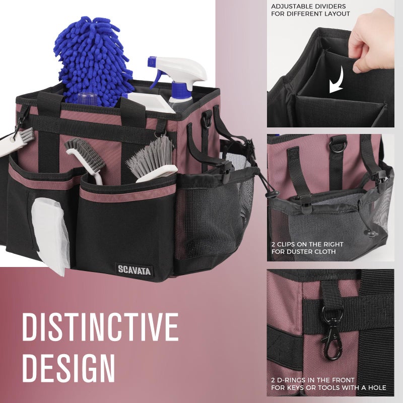 SCAVATA Compact Wearable Cleaning Caddy, Small Cleaning Caddy Supplies Organizer with Handle & Shoulder Straps for Housekeepers, Under Sink & Car Cleaning Tool Organizers Bag (LotusPink) - Image 3