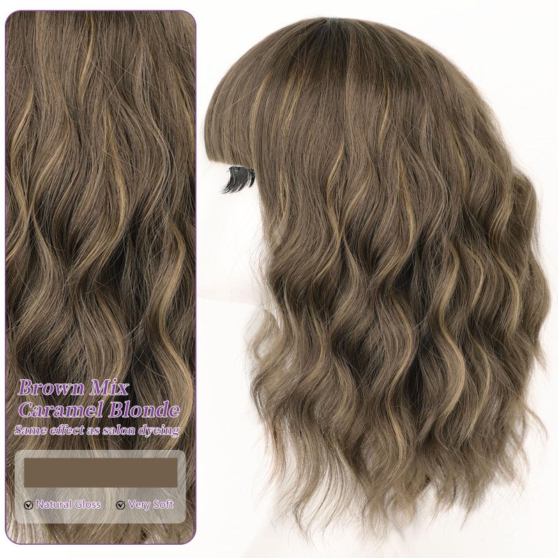 AISI HAIR Synthetic Wavy Curly Bob Wig with Bangs Brown mix Caramel Blonde Short Hair for Women Synthetic Heat Resistant Bob Wigs - Image 3