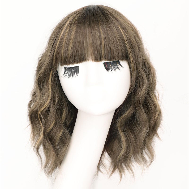 AISI HAIR Synthetic Wavy Curly Bob Wig with Bangs Brown mix Caramel Blonde Short Hair for Women Synthetic Heat Resistant Bob Wigs - Image 2