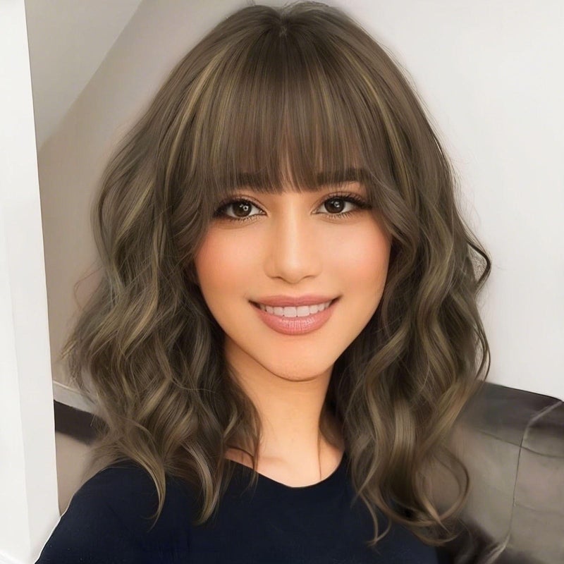 AISI HAIR Synthetic Wavy Curly Bob Wig with Bangs Brown mix Caramel Blonde Short Hair for Women Synthetic Heat Resistant Bob Wigs - Image 1
