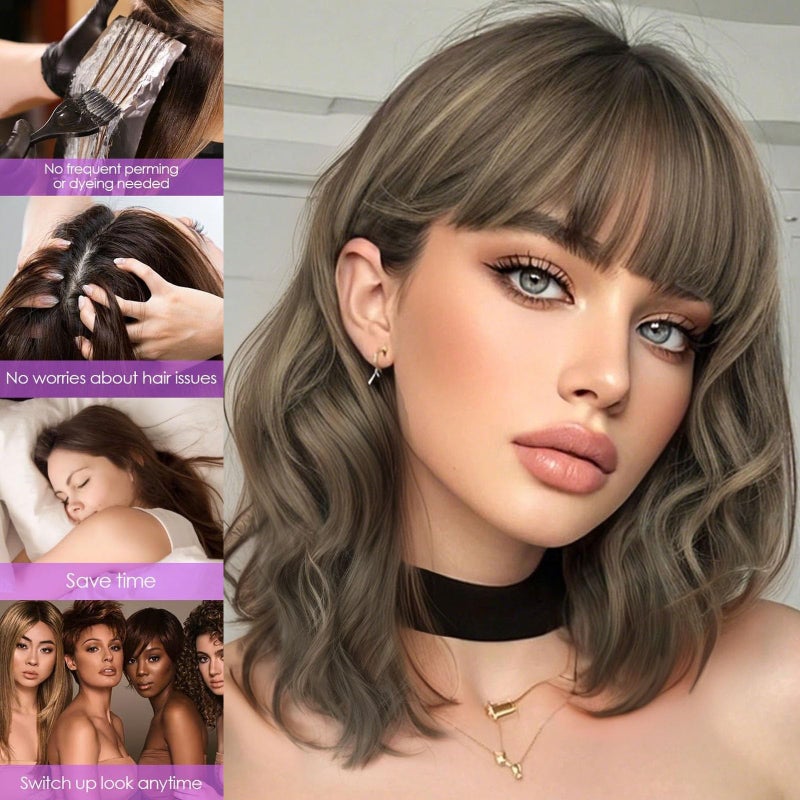 AISI HAIR Synthetic Wavy Curly Bob Wig with Bangs Brown mix Caramel Blonde Short Hair for Women Synthetic Heat Resistant Bob Wigs - Image 5
