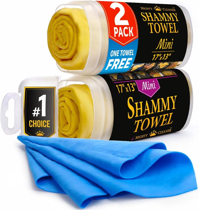 Mighty Cleaner Premium 2pk Mini +1 Free Shammy Cloth for Car Drying - 17”x13” - Super Absorbent Chamois Towel for Car - Scratch-Free, Reusable & Soft Cleaning Towel - Image 1
