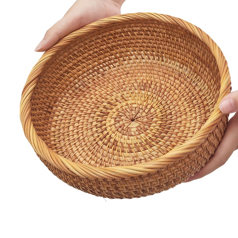 Oavostd 9.2" Medium Round Rattan Wicker Bread Basket, Natural Fruit Basket for Kitchen Counter, Hand Woven Food Baskets, Artisanal Bread Baskets for Serving, Fruit, Vegetable, Snack, key, Etc. - Image 1