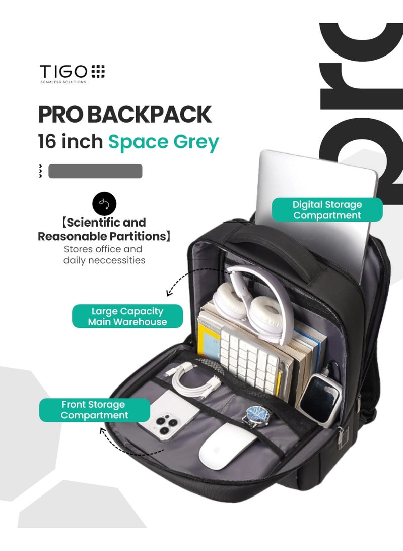 T I G O 16 inch Waterproof Unisex Travel Backpack with USB Charging Port | Anti-Theft, Anti-Scratch Laptop Bag for Men, Women & Kids | Fits 16” Laptop Lightweight, Durable, Business & School Use Space Grey - Image 3