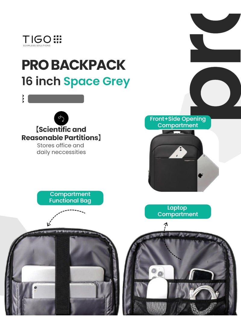 T I G O 16 inch Waterproof Unisex Travel Backpack with USB Charging Port | Anti-Theft, Anti-Scratch Laptop Bag for Men, Women & Kids | Fits 16” Laptop Lightweight, Durable, Business & School Use Space Grey - Image 2