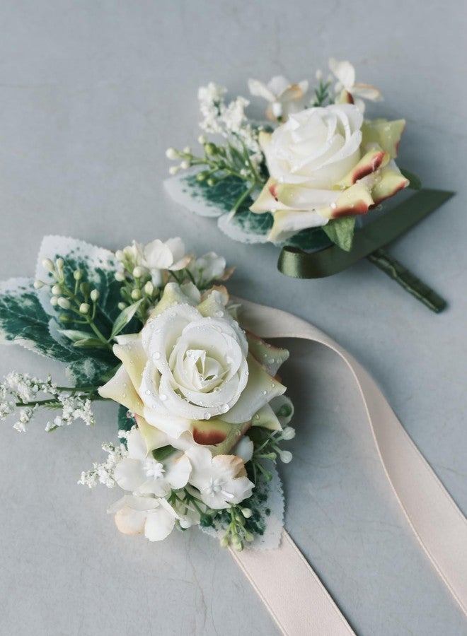 SELFCLOUD White Rose Wrist Corsage and Boutonniere Set with Ribbon Ties Wedding Prom Formal Accessories (Champagne Colored Ribbon) - Image 2