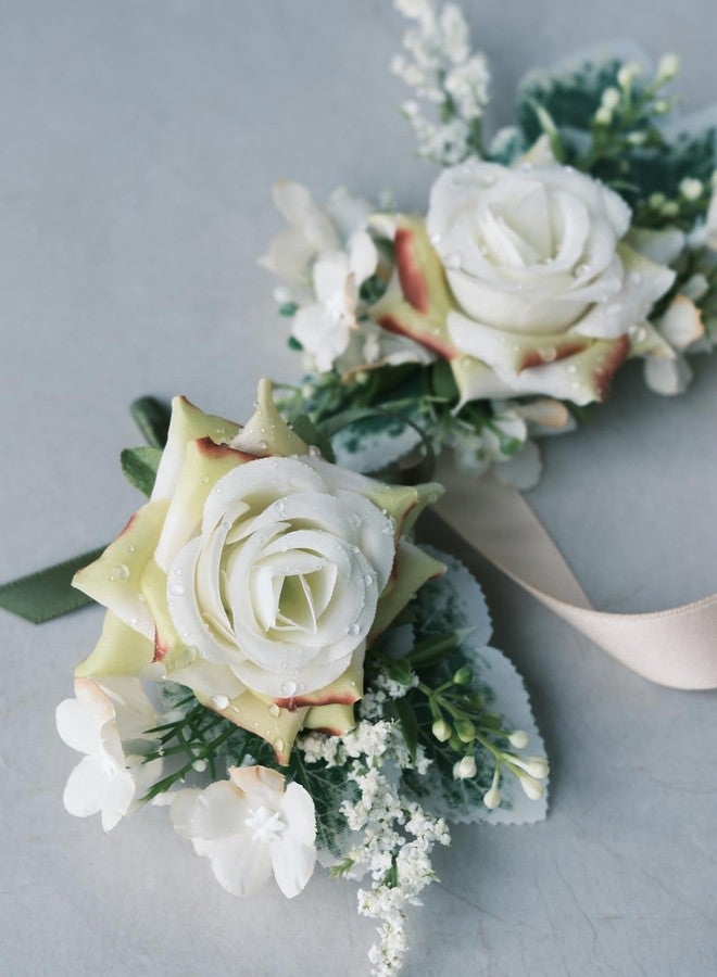 SELFCLOUD White Rose Wrist Corsage and Boutonniere Set with Ribbon Ties Wedding Prom Formal Accessories (Champagne Colored Ribbon) - Image 1