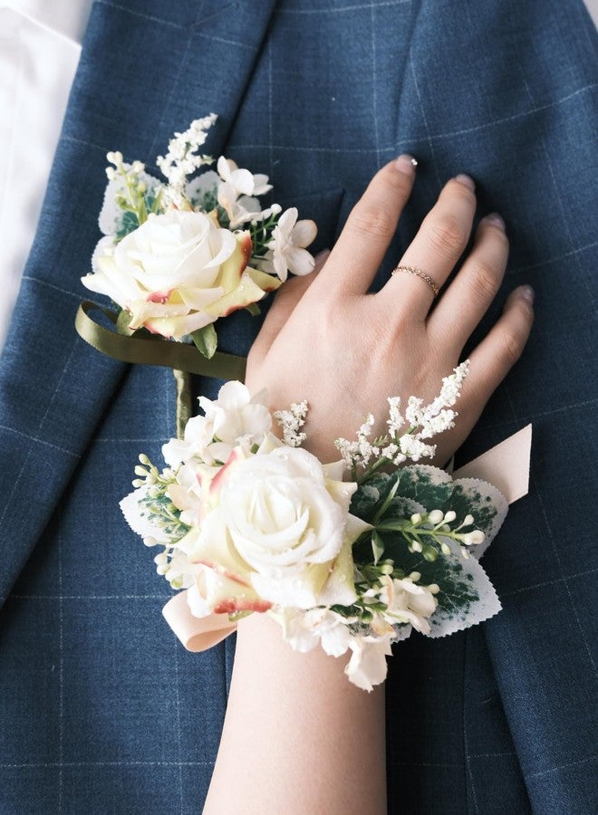 SELFCLOUD White Rose Wrist Corsage and Boutonniere Set with Ribbon Ties Wedding Prom Formal Accessories (Champagne Colored Ribbon) - Image 5