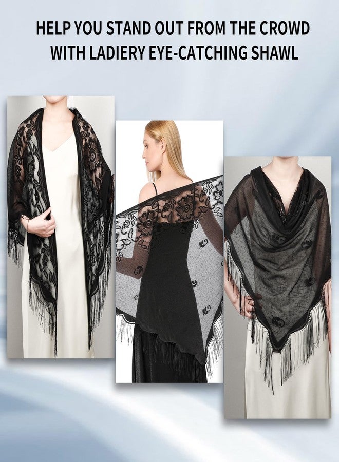 simarro Women Lace Wraps Shawls Soft Mesh Fringe WrapsTriangle Scarf Shawl for Wedding Evening Party Dresses(Black) - Image 2