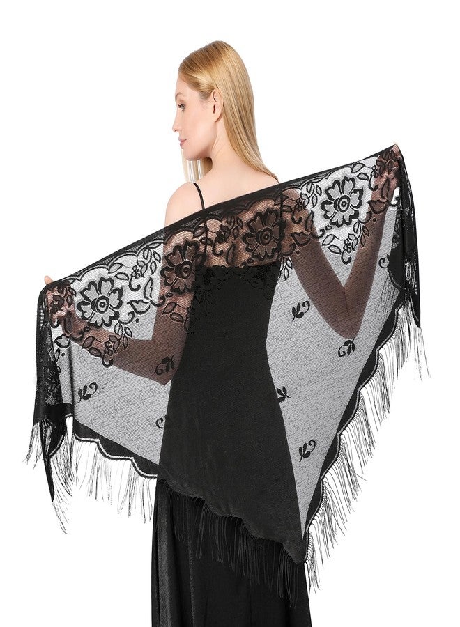 simarro Women Lace Wraps Shawls Soft Mesh Fringe WrapsTriangle Scarf Shawl for Wedding Evening Party Dresses(Black) - Image 1