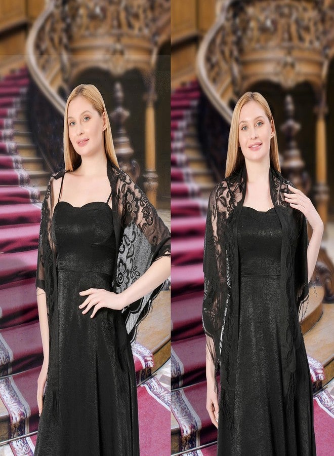 simarro Women Lace Wraps Shawls Soft Mesh Fringe WrapsTriangle Scarf Shawl for Wedding Evening Party Dresses(Black) - Image 3