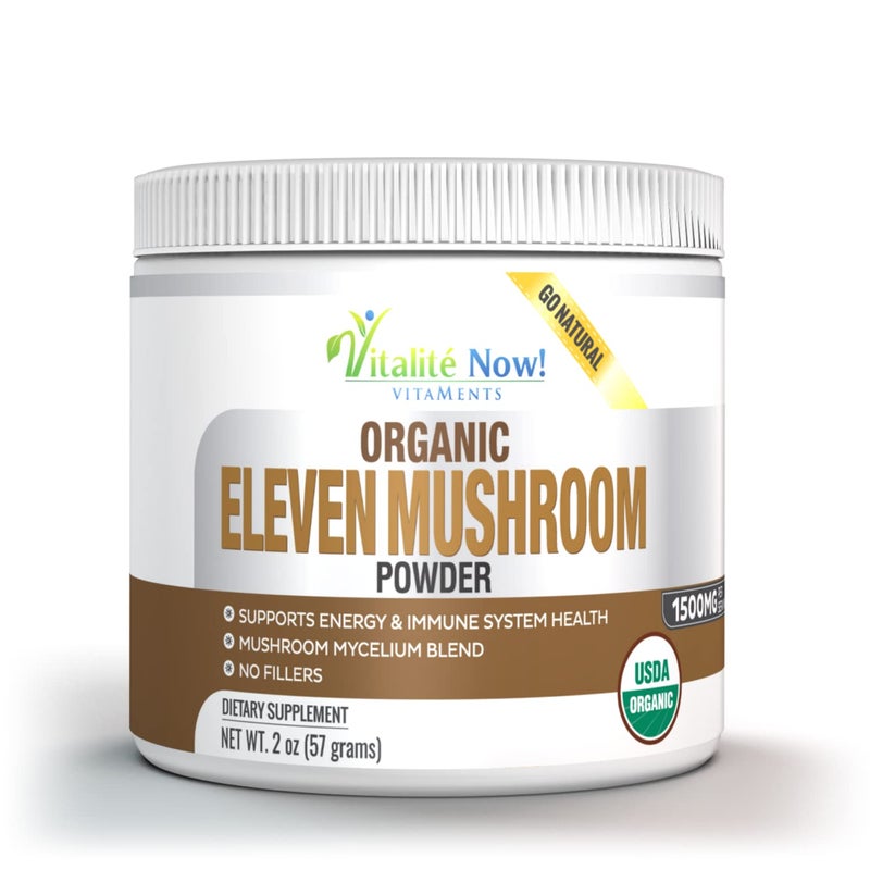 Organic 11 Mushroom Powder USDA Certified Lions Mane Reishi Cordyceps Maitake Shiitake Turkey Tail Chaga Zhuling Wood Ear Poria Cocos HimeMatsutake Immunity Energy No filler