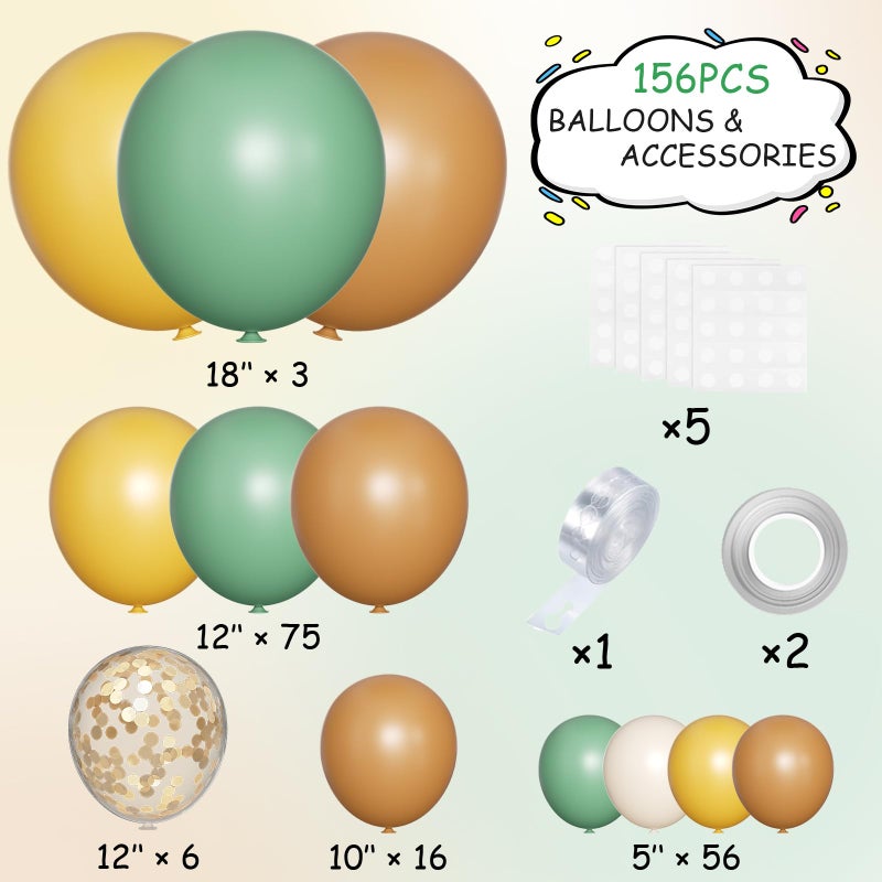MEBAY Brown Yellow Green White Balloon Arch Kit, 156Pcs Caramel Brown Mustard Yellow Sage Green White Sand Balloons Garland for Boho Safari Jungle Woodland Birthday Baby Shower Wedding - Image 2