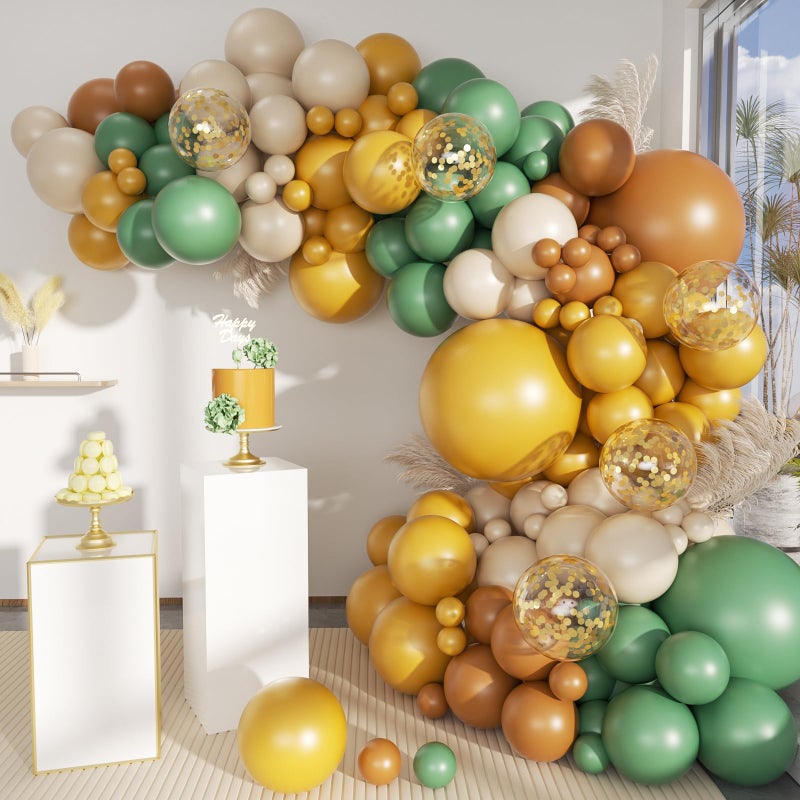 MEBAY Brown Yellow Green White Balloon Arch Kit, 156Pcs Caramel Brown Mustard Yellow Sage Green White Sand Balloons Garland for Boho Safari Jungle Woodland Birthday Baby Shower Wedding - Image 1