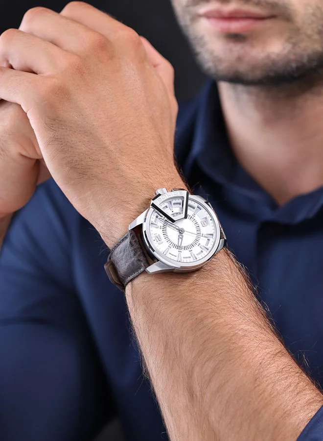 POLICE Underlined 46mm Men's Analog Watch with Brown Leather  Strap