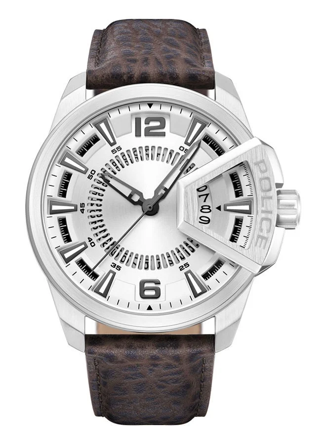 POLICE Underlined 46mm Men's Analog Watch with Brown Leather  Strap