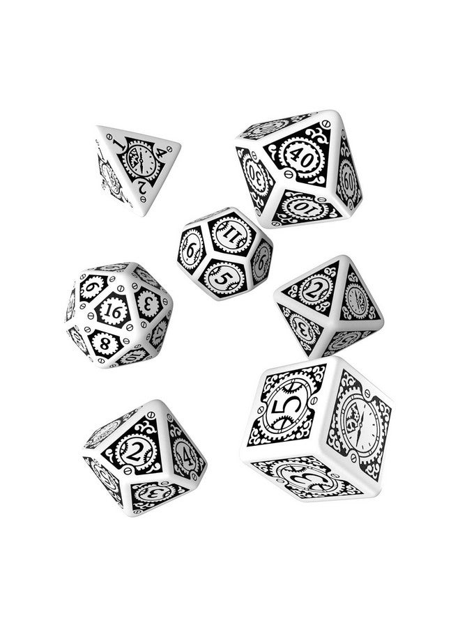 Q WORKSHOP Steampunk Clockwork White & Black RPG Dice Set 7 Polyhedral Pieces - Image 1