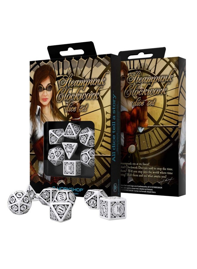 Q WORKSHOP Steampunk Clockwork White & Black RPG Dice Set 7 Polyhedral Pieces - Image 2