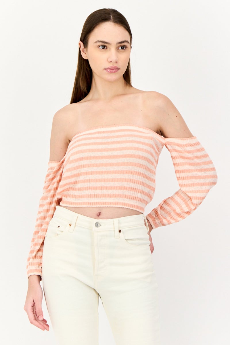 ONLY Women Off Shoulder Long Sleeves Stripe Blouse, Multicolor - Image 1