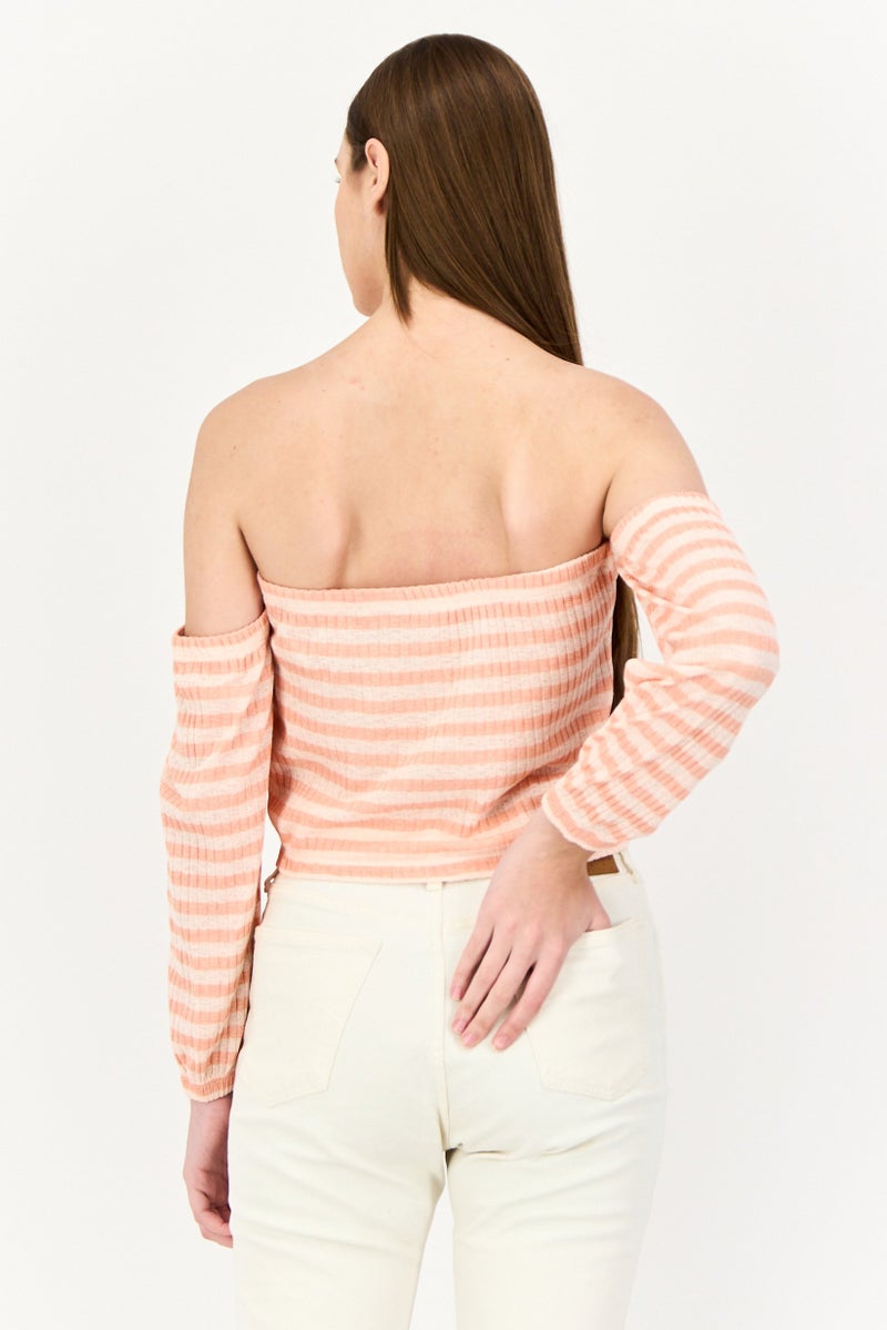 ONLY Women Off Shoulder Long Sleeves Stripe Blouse, Multicolor - Image 3
