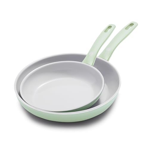 GreenPan Dover 8 10 2 Piece Frying Pan Skillet Set NonToxic PFASFree Ceramic Nonstick Coating Sear Saute Fry Egg Omlete Dishwasher Oven Safe Stay Cool Handle Easy Pour Rims Pastel Green - Image 1