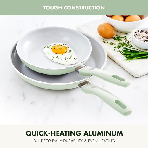 GreenPan Dover 8 10 2 Piece Frying Pan Skillet Set NonToxic PFASFree Ceramic Nonstick Coating Sear Saute Fry Egg Omlete Dishwasher Oven Safe Stay Cool Handle Easy Pour Rims Pastel Green - Image 3