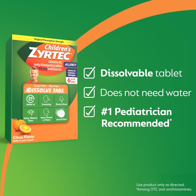 Zyrtec Children's 24 Hour Dissolving Allergy Relief Tablets with 10 mg Cetirizine Hydrochloride Antihistamine, Dissolvable Allergy Medicine for Kids Ages 6 Years+, Citrus Flavor, 24 ct - Image 5