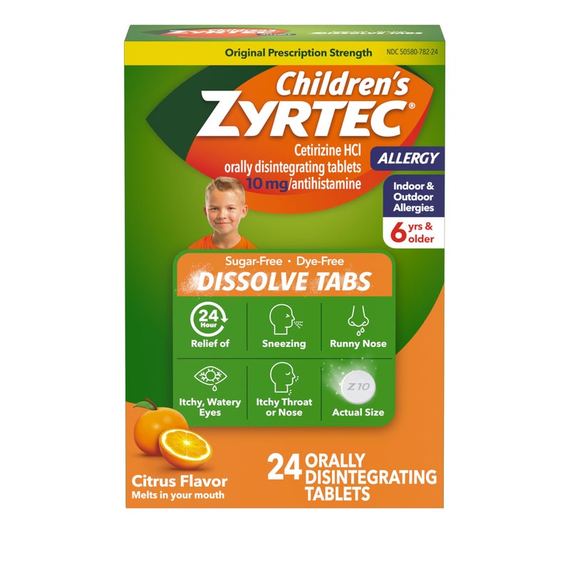 Zyrtec Children's 24 Hour Dissolving Allergy Relief Tablets with 10 mg Cetirizine Hydrochloride Antihistamine, Dissolvable Allergy Medicine for Kids Ages 6 Years+, Citrus Flavor, 24 ct - Image 1