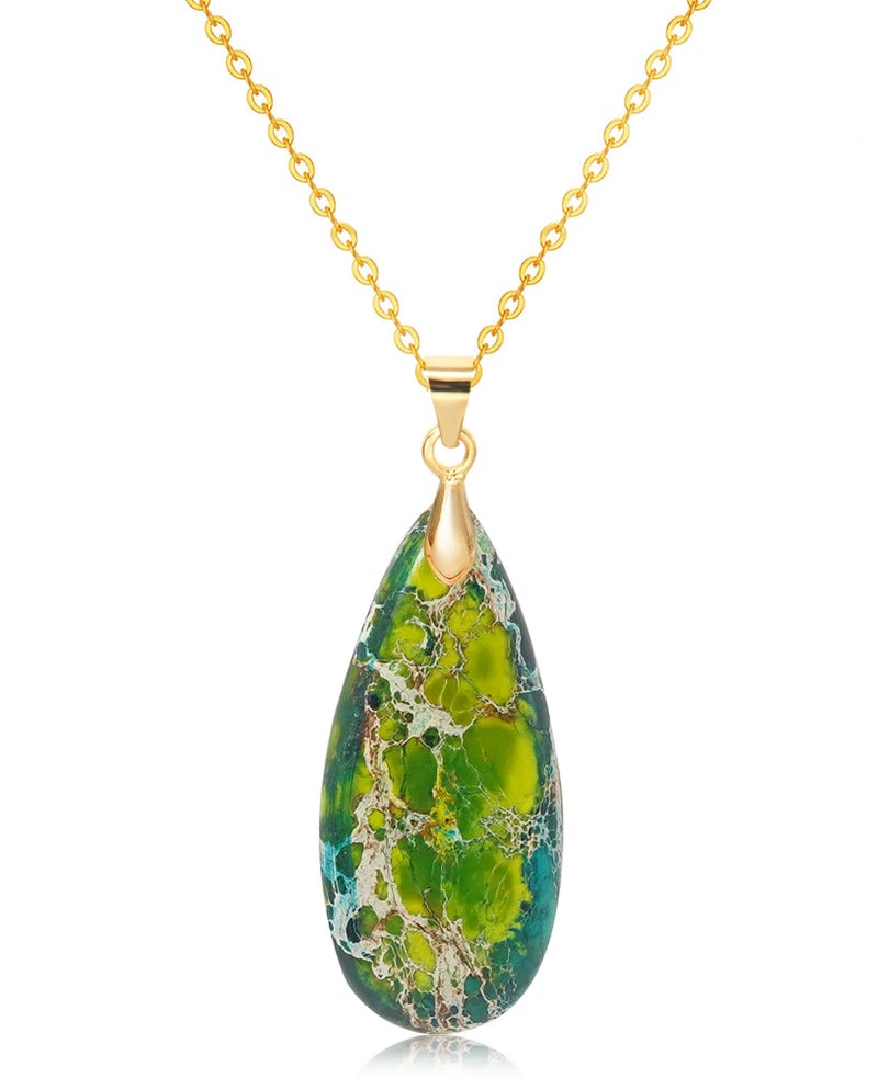 Wovanoo Stone Necklaces for Women Teardrop Gemstone Pendant Necklace 14K Natural Stone Chain Necklaces Green Gold - Image 1
