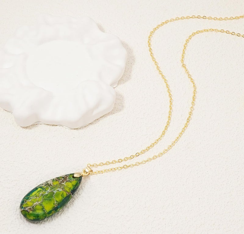 Wovanoo Stone Necklaces for Women Teardrop Gemstone Pendant Necklace 14K Natural Stone Chain Necklaces Green Gold - Image 4