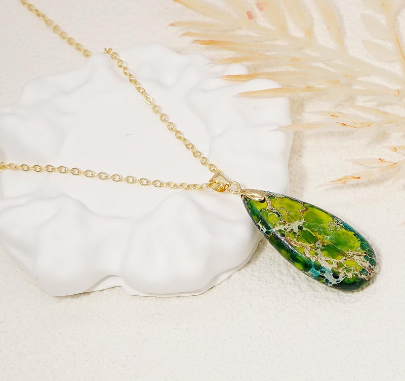Wovanoo Stone Necklaces for Women Teardrop Gemstone Pendant Necklace 14K Natural Stone Chain Necklaces Green Gold - Image 3