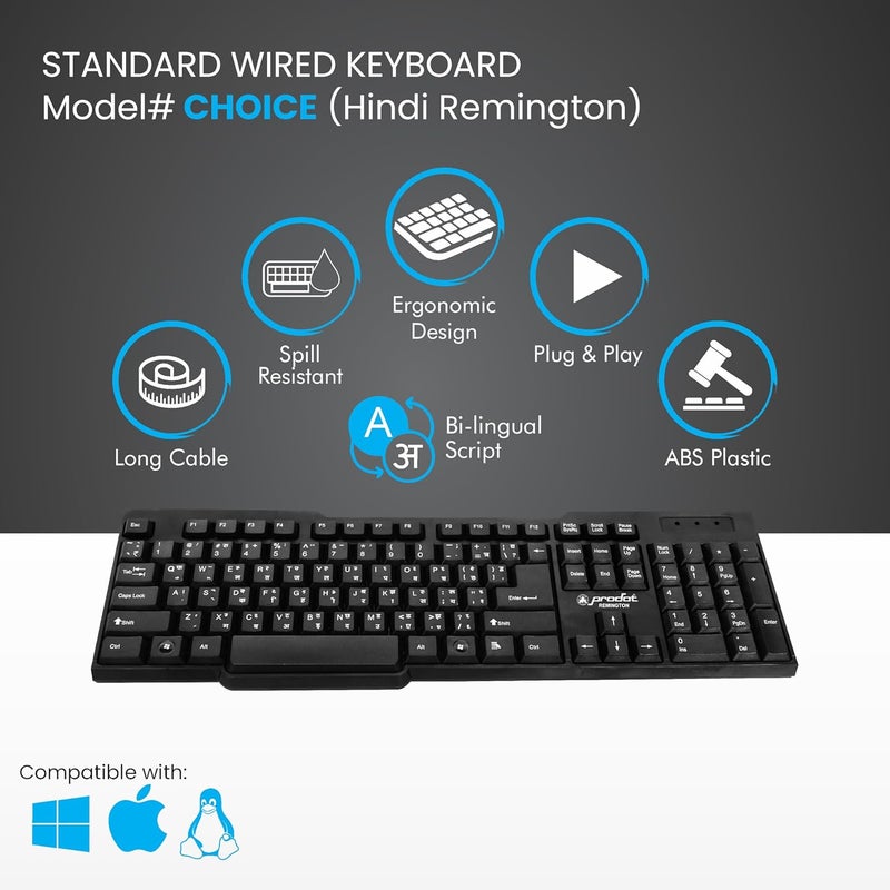 ProDot ProSeries Wired Keyboard with Rupees Symbol | Hindi Remington | Made in India | Ergonomic, Spill Resistant Design | 104 Keys | 10M Key Life | 1 Year Warranty | Works with Windows, iOS, Linux - Image 2