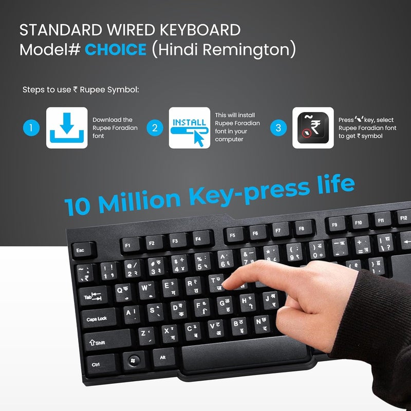 ProDot ProSeries Wired Keyboard with Rupees Symbol | Hindi Remington | Made in India | Ergonomic, Spill Resistant Design | 104 Keys | 10M Key Life | 1 Year Warranty | Works with Windows, iOS, Linux - Image 3