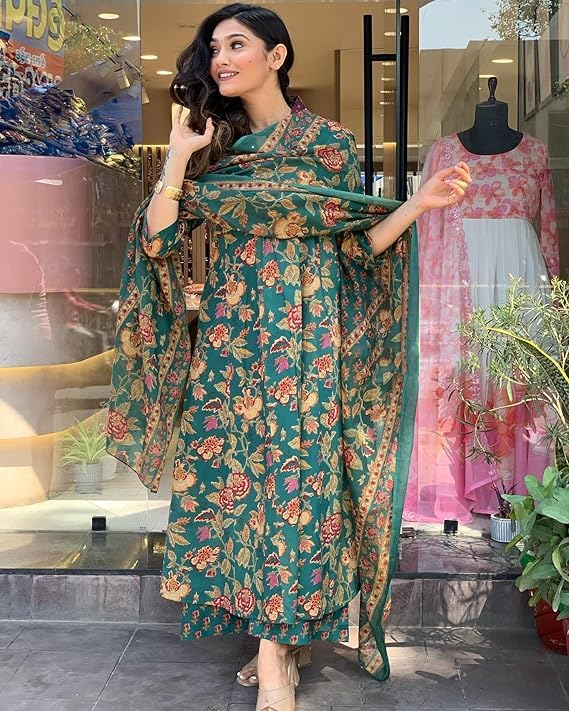 MEERA FAB Women's Cotton Blend Anarkali Printed Kurta with Palazzo & Dupatta, Large, Green - Image 3
