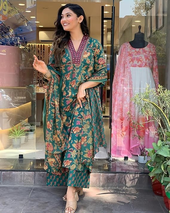 MEERA FAB Women's Cotton Blend Anarkali Printed Kurta with Palazzo & Dupatta, Large, Green - Image 5