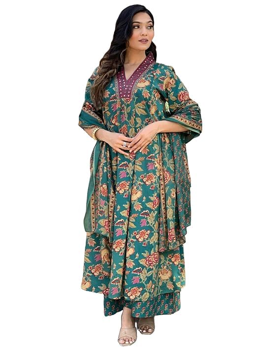 MEERA FAB Women's Cotton Blend Anarkali Printed Kurta with Palazzo & Dupatta, Large, Green - Image 1