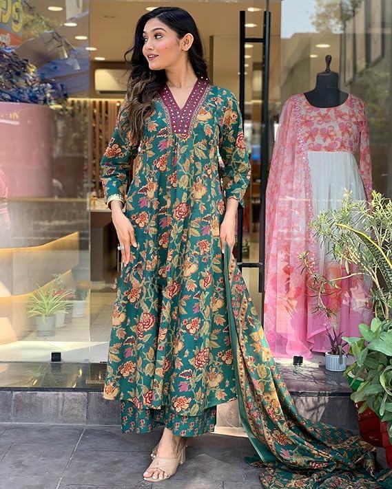 MEERA FAB Women's Cotton Blend Anarkali Printed Kurta with Palazzo & Dupatta, Large, Green - Image 2