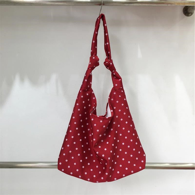 This Seasons Japanese and Korean Artistic Wave Dot Womens Bag Small Fresh Floral Girls Shoulder Bag Homemade Tie Tape Tote Bag Red