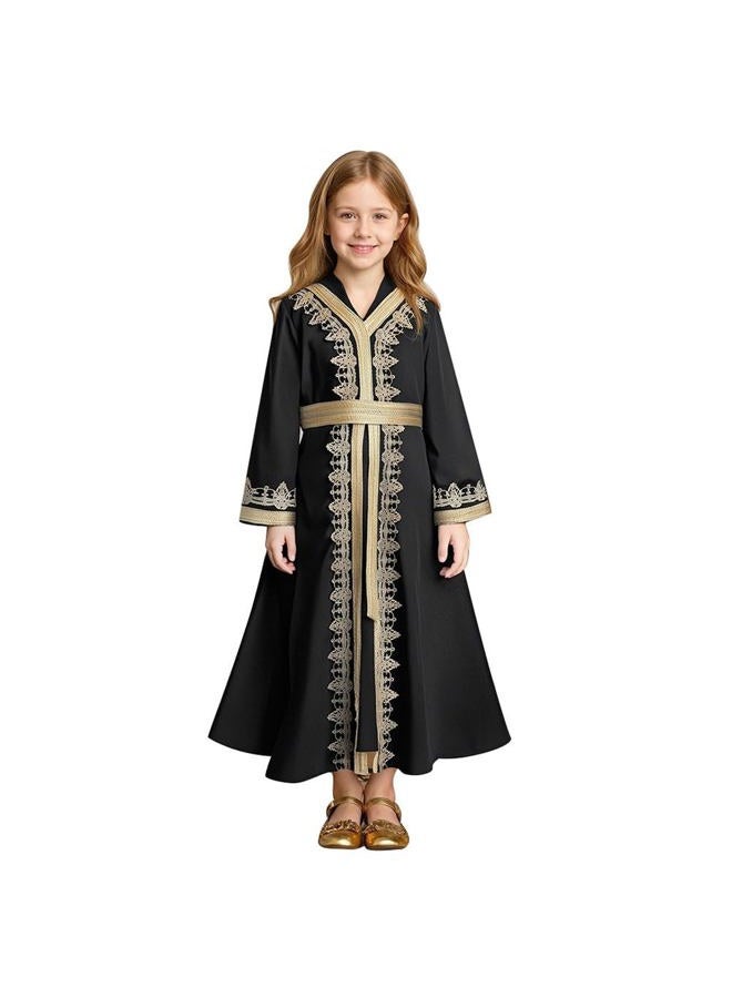 ODIZLI Muslim Dress for Kids Girls Abaya Middle East Ramadan Long Sleeve Lace Prayer Dress Arabic Kaftan with Belt, Black, 9-10 Years - Image 1