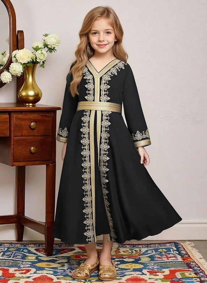 ODIZLI Muslim Dress for Kids Girls Abaya Middle East Ramadan Long Sleeve Lace Prayer Dress Arabic Kaftan with Belt, Black, 9-10 Years - Image 3
