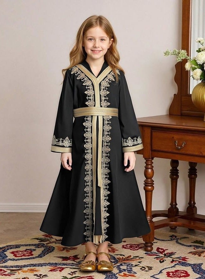 ODIZLI Muslim Dress for Kids Girls Abaya Middle East Ramadan Long Sleeve Lace Prayer Dress Arabic Kaftan with Belt, Black, 9-10 Years - Image 2