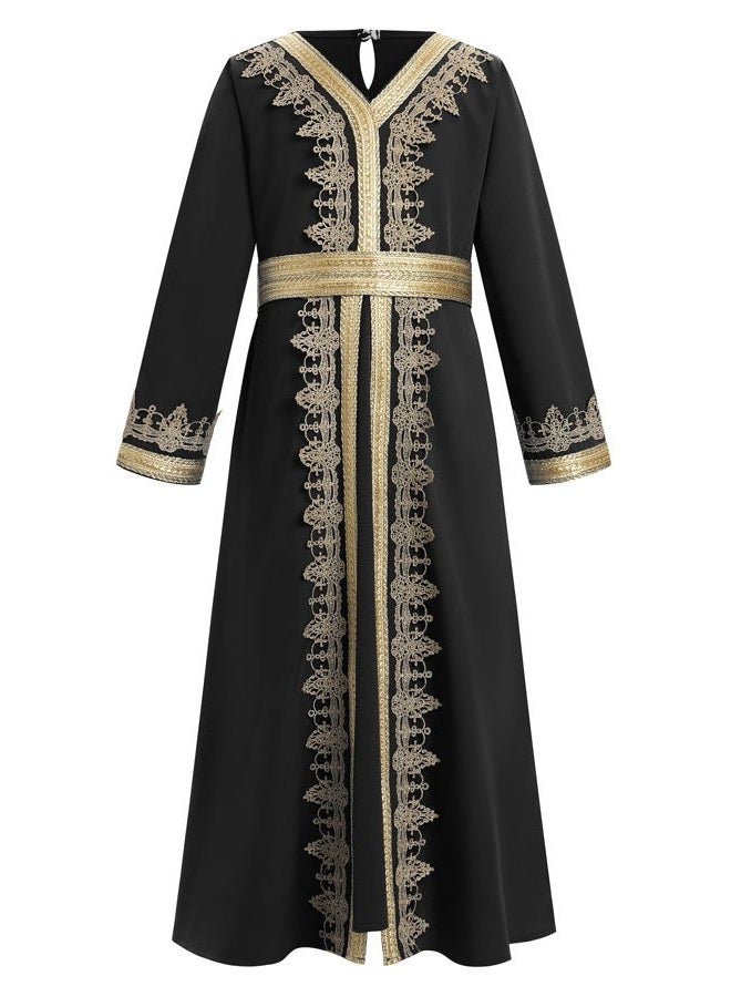 ODIZLI Muslim Dress for Kids Girls Abaya Middle East Ramadan Long Sleeve Lace Prayer Dress Arabic Kaftan with Belt, Black, 9-10 Years - Image 4